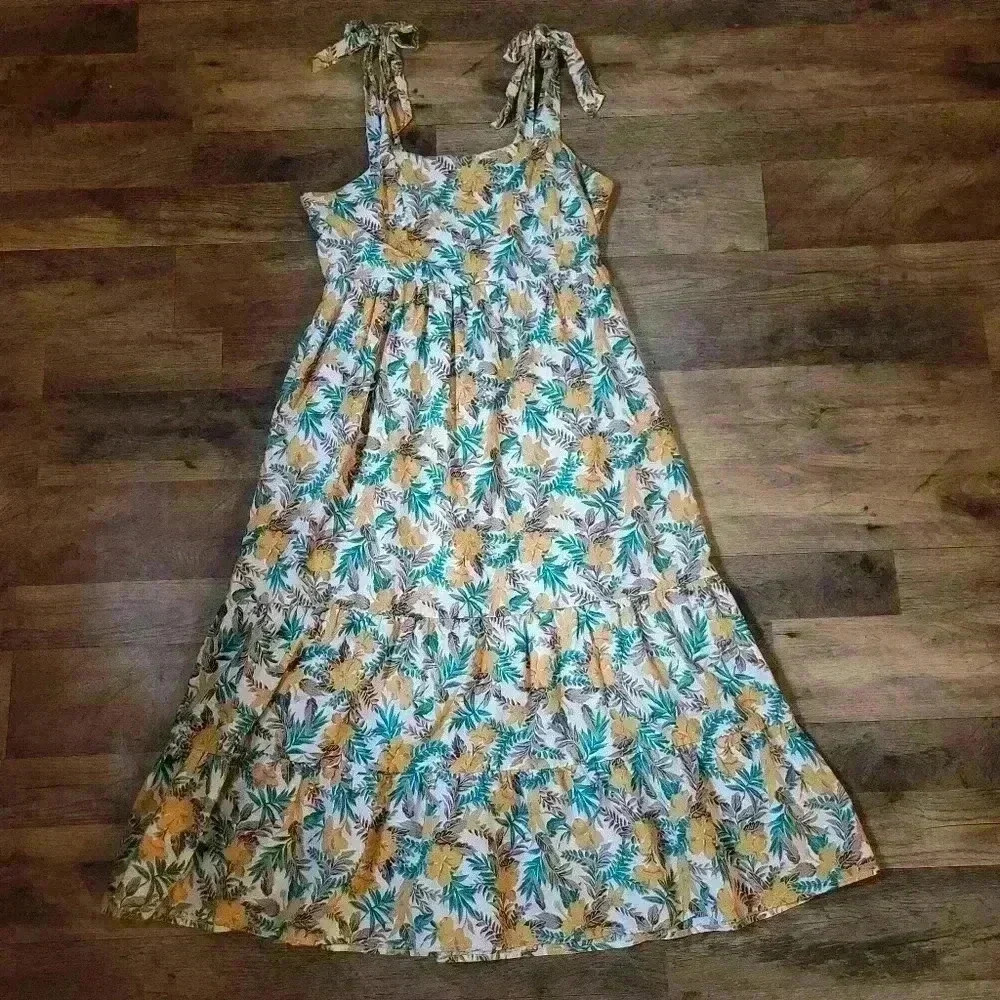 Skies Are Blue Floral Print Tie Shoulder Strap Midi Dress Size M